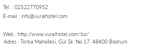 Vural Hotel Torba telefon numaraları, faks, e-mail, posta adresi ve iletişim bilgileri
